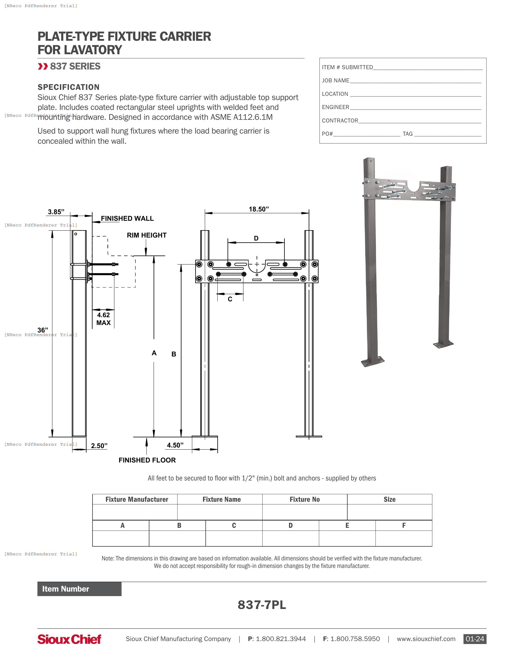 837 SERIES - PLATE-TYPE LAV CARRIER - SPEC SHEET.PDF Specification Document
